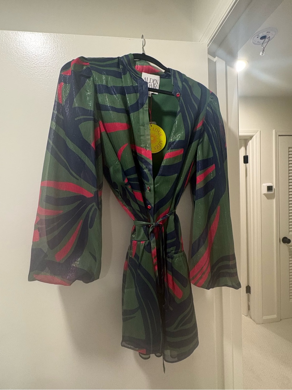 Alden Green Satin Robe with Navy and Pink Abstract Stripes